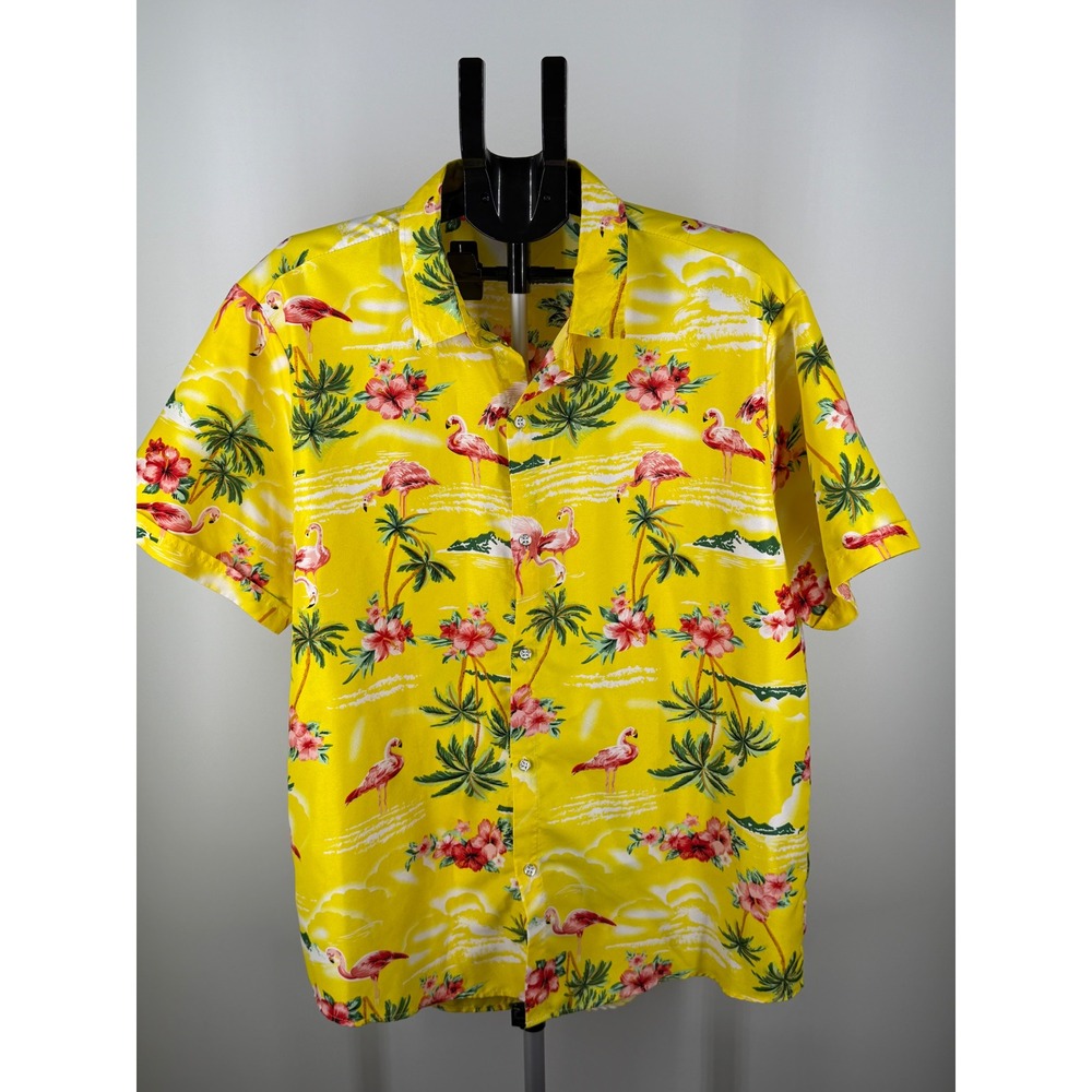 SSLR Mens XL Yellow Flamingo Tropical Palm Tree Short Sleeve Button Down Shirt